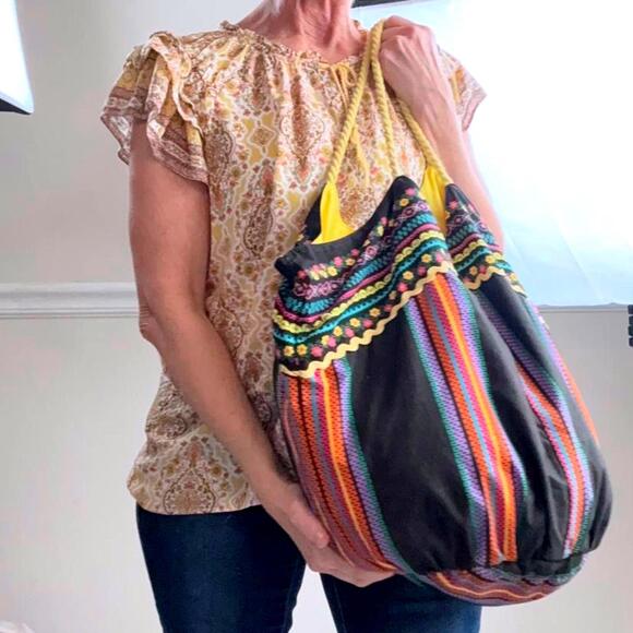 Boho Oversized Bucket Bag Bright Colors Market Tote - Picture 4 of 6
